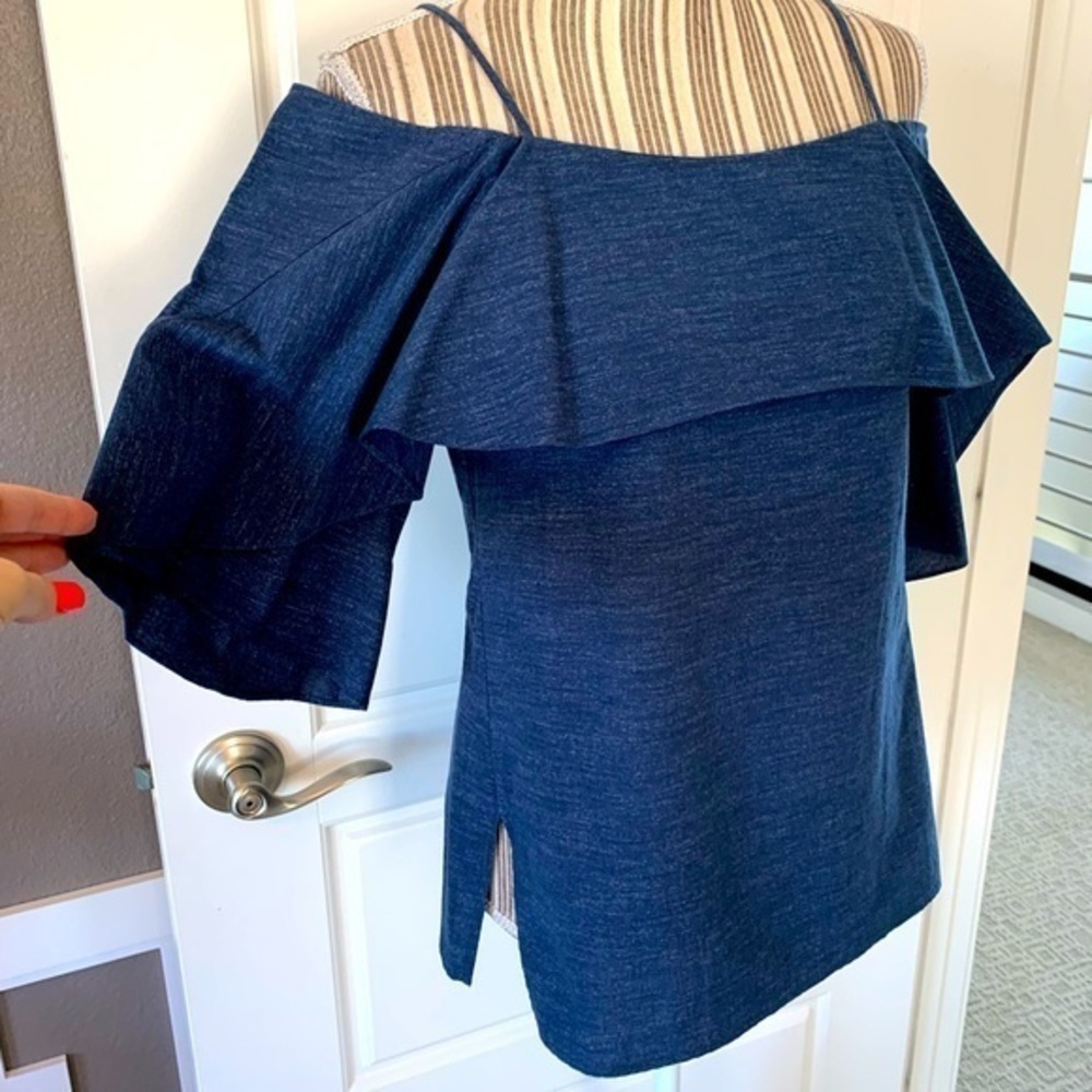 Halston Heritage Flowy Sleeve Cold Shoulder Denim Top NWT